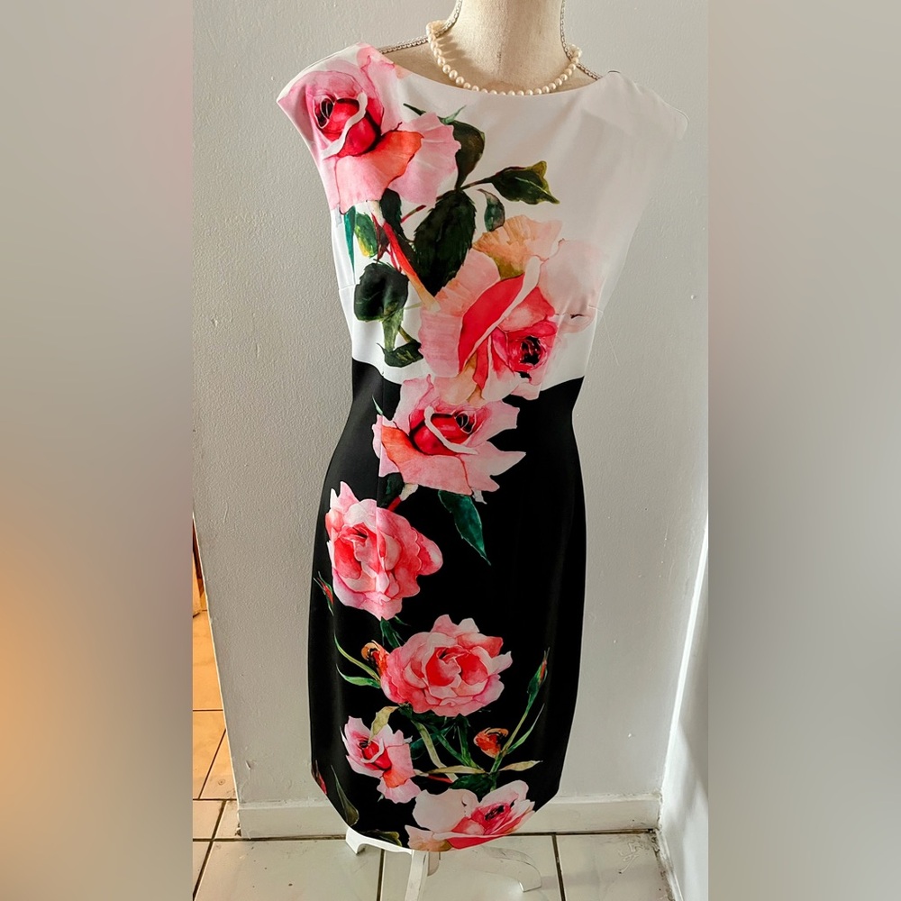 Joseph Ribkoff, Floral Black Sheath Sleeveless Midi Dress